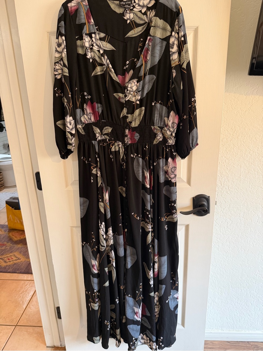 City Chic Black Floral Maxi Dress with Pink and Cream Accents